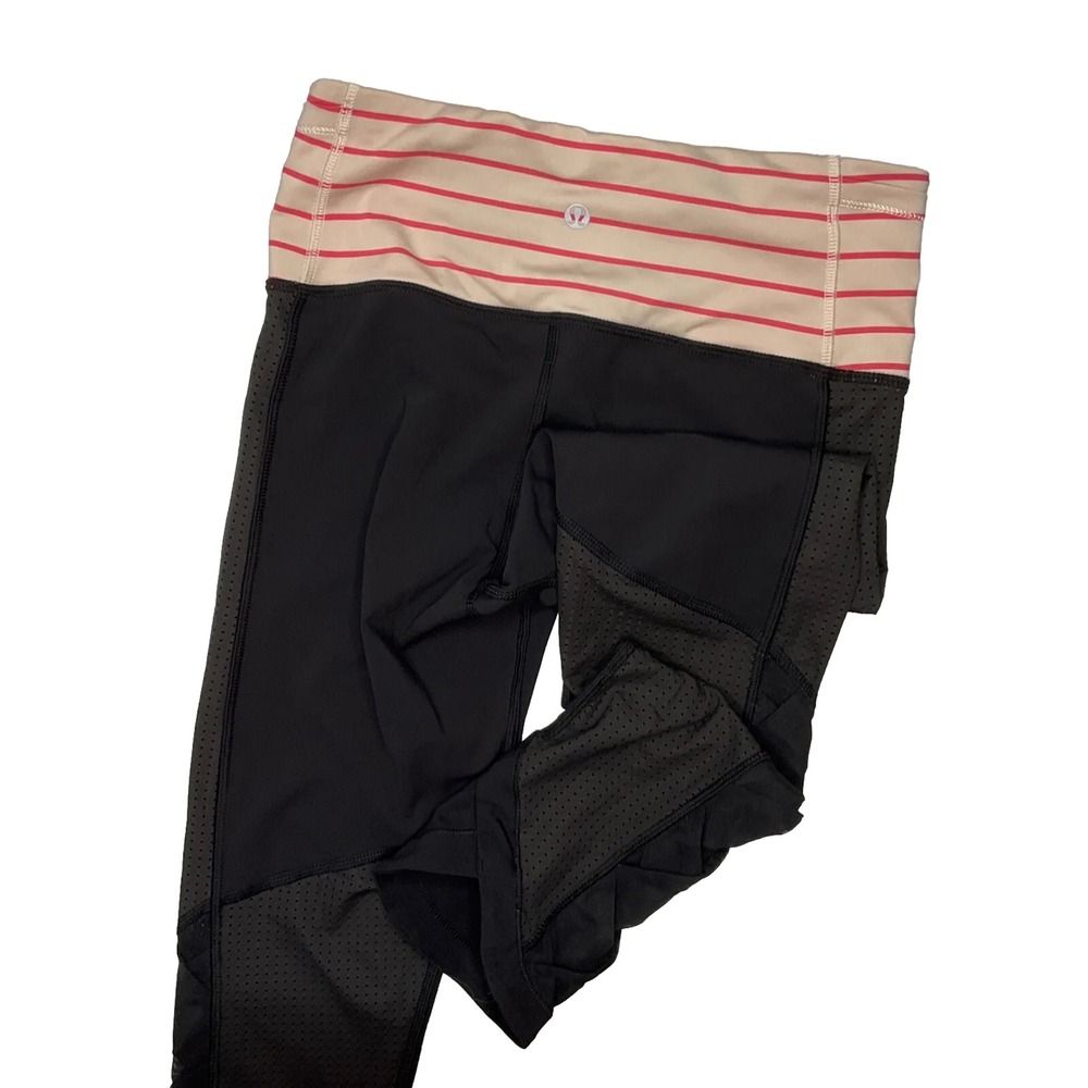 Lululemon Leggings Var-City Crop CrissCross‎ Black & Electric Coral Stripe Sz 4